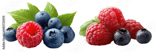 Fresh raspberries and blueberries, with leaves