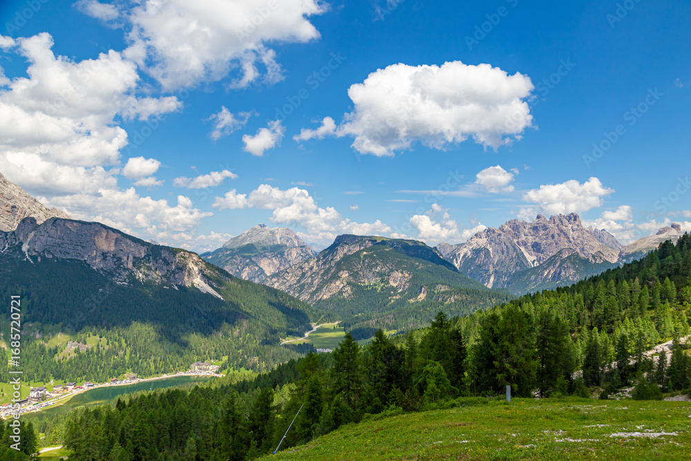 Fototapeta premium Aerial Dolomites landscape surrounding Lake Misurina