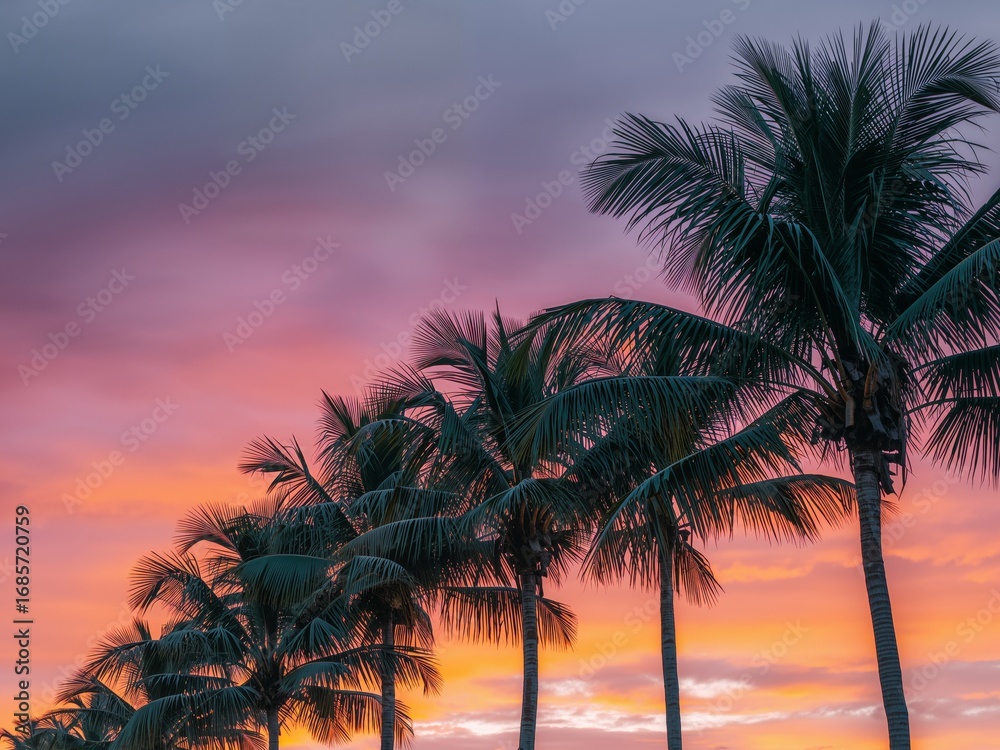 Obraz premium Silhouetted Palms Against Twilight Sky, Abstract Tropical Scene, Serene Ambiance.