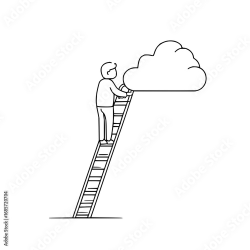 Person climbing ladder to reach cloud in simple black and white line drawing on a white background
