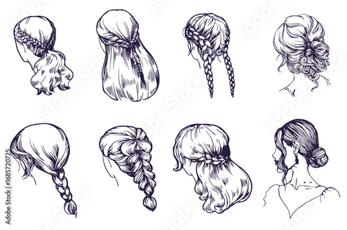 Woman hairstyle portrait set backward doodle