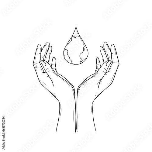 Two hands reaching up to catch a water droplet with earth continents inside in a black and white drawing
