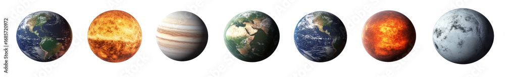 Fototapeta premium Planetary Evolution Sequence Earth, Lava, Jupiter, Isolated on Transparent Background, Planet, Space, Astronomy