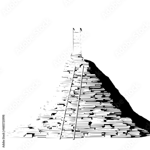 A ladder leads to a tower with flags atop a structure with dark shading on the right side of the image