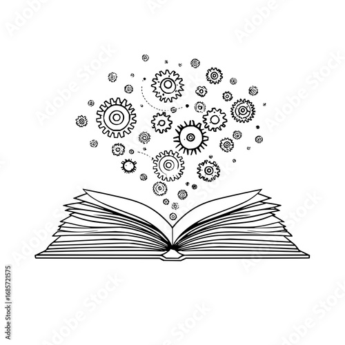 An open book with gears and cogs floating above it in black and white line art illustration style design