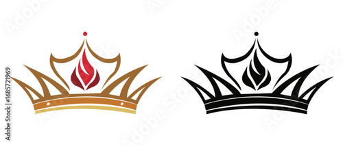 Elegant crown logo design in gold and black with flame symbol on white background 
