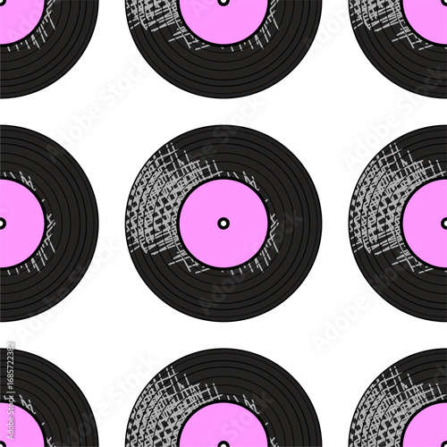 Seamless pattern print wallpaper with vinyl record discs music illustration vector retro style 60s, 70s, 80s, design art background for paper, textile, pack etc.	
