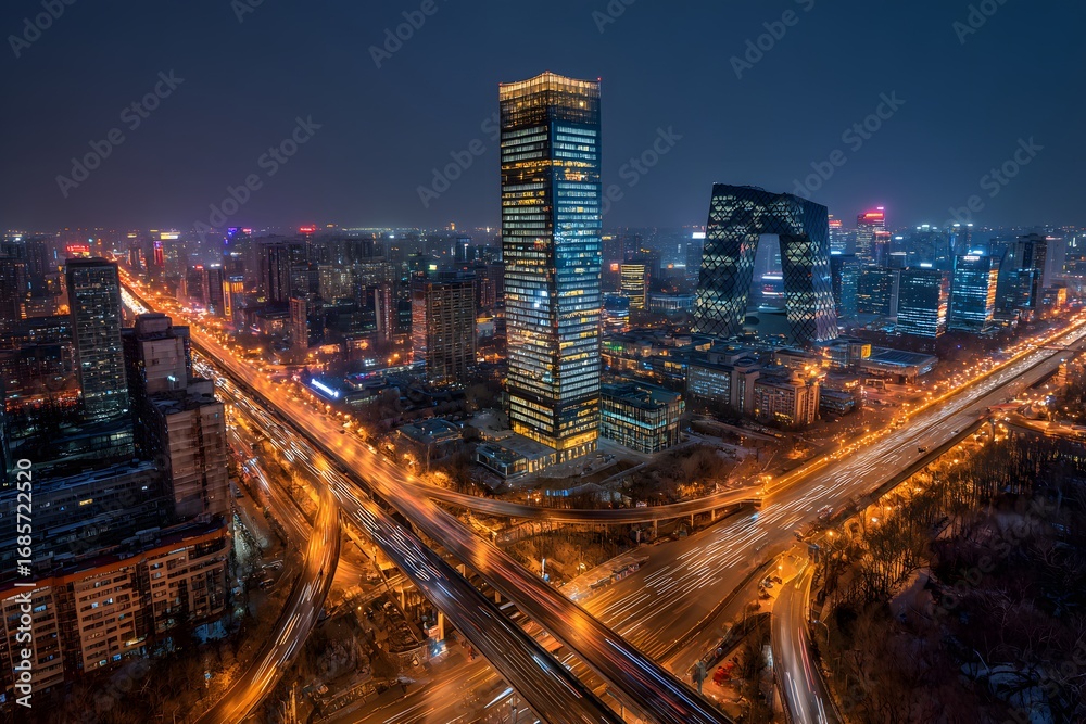 Fototapeta premium The city of at night, with the backdrop of high-rise buildings and busy traffic,