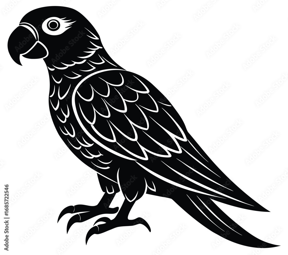 Fototapeta premium Vector illustration of a wild black and white predator bird with its wings and beak on a branch