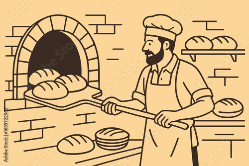Baker using peel to remove fresh bread from brick oven