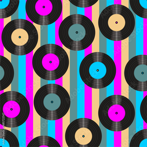Seamless pattern print wallpaper with vinyl record discs music illustration vector retro style 60s, 70s, 80s, design art background for paper, textile, pack etc.	
