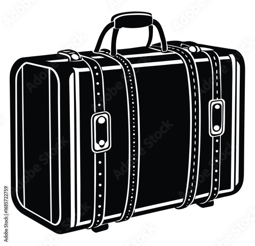 Black retro leather travel suitcase with a handle and lock isolated on a white background