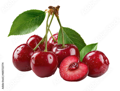 Fresh, ripe cherries with leaves.  Close-up view of a cluster of bright red cherries, 