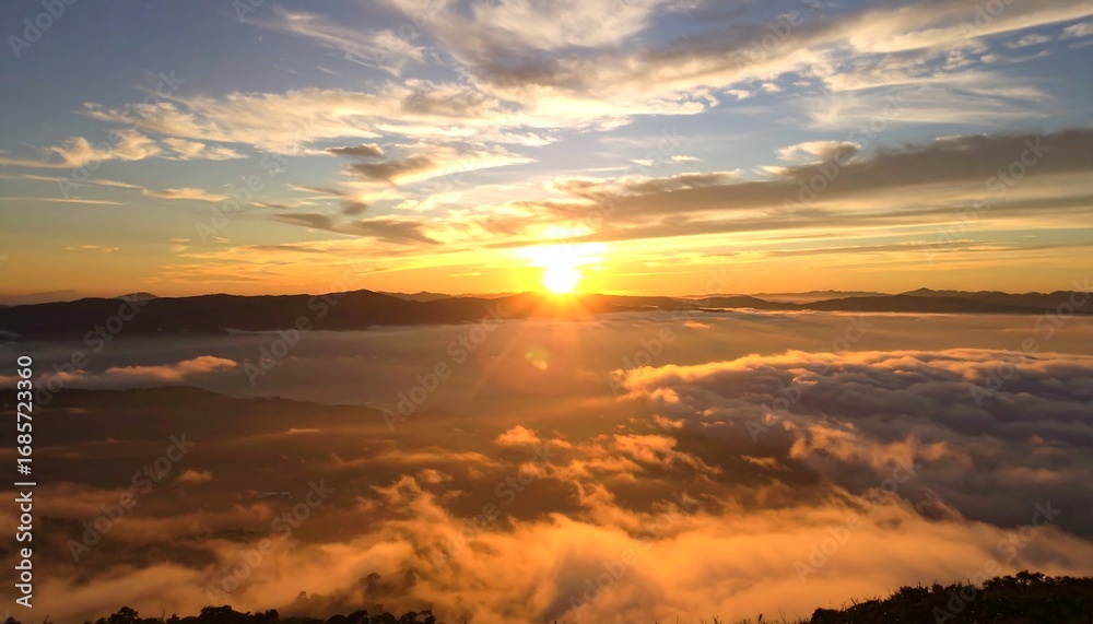 Fototapeta premium Golden sunrise over a misty mountain range