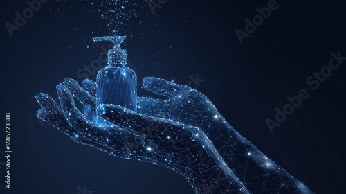 Hands holding sanitizer bottle, abstract graphic