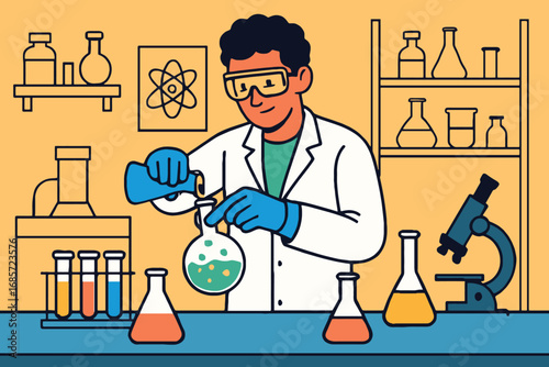 Scientist in lab coat conducting experiment with colorful liquids in glassware