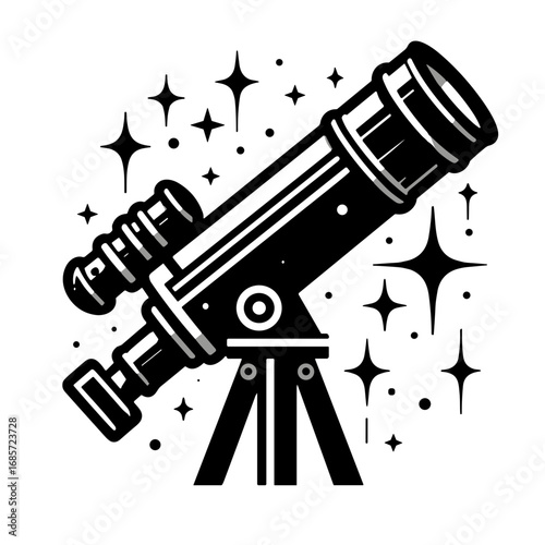 Telescope vector illustration with stars and cosmic elements in a stylized design on transparent background 