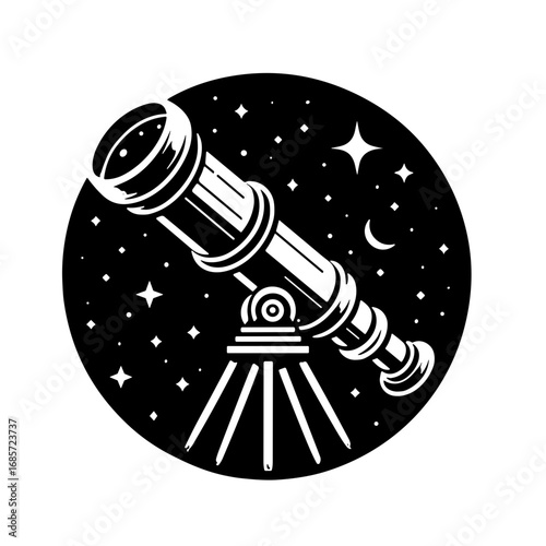 Stylized telescope vector illustration with stars and moon in a circular design on transparent background 
