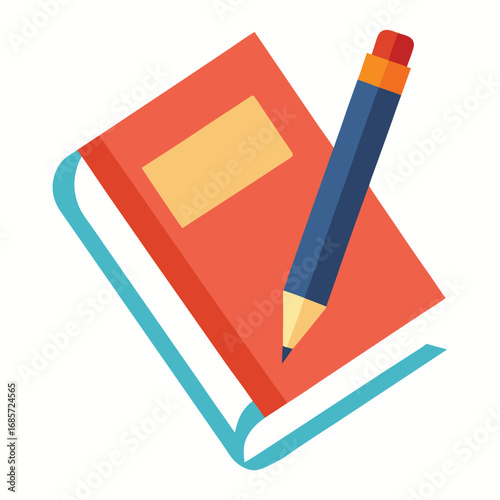 A red book with a yellow label and a blue pencil
