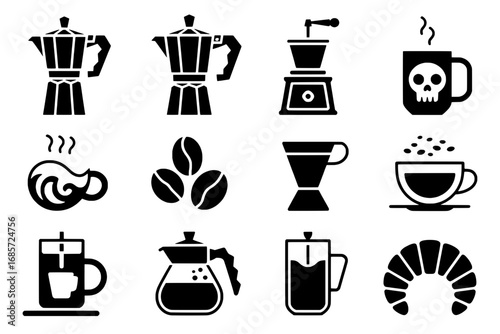 Twelve Coffee-Themed Icons: Moka Pots, Grinder, Coffee Beans, Cups, and More