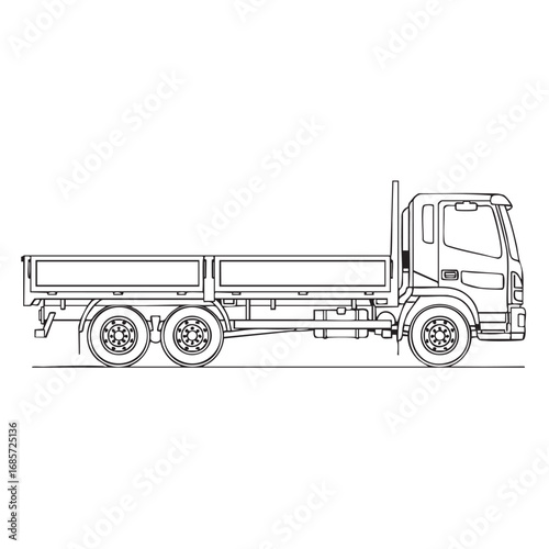 Flatbed Truck Line Art, Side View of a Flatbed Truck, Editable Line Drawing of Flatbed Vehicle, Flatbed Lorry Illustration. 