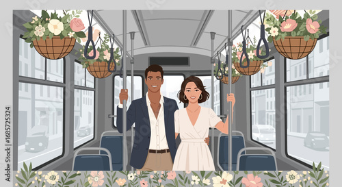 A Romantic Illustration of a Couple Riding a Flower-Adorned Public Transportation