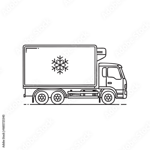 Frozen Delivery Truck, Refrigerated Cargo Truck, Temperature Controlled Freight Truck – Black and White Illustration