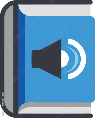 Illustration of a book with a speaker on the cover, representing audio book concept