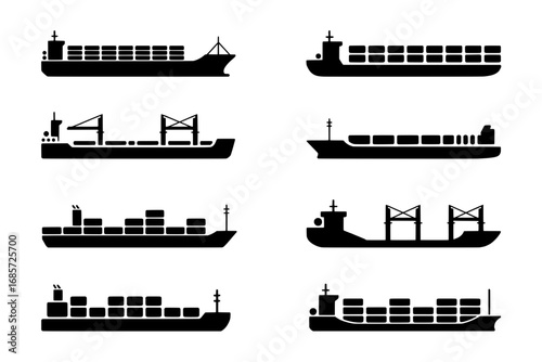 Eight Black Container Ship Icons: Variations in Design and Cargo Capacity