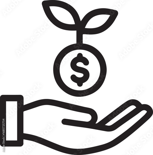 Hand holding plant sprouting from coin line vector icon