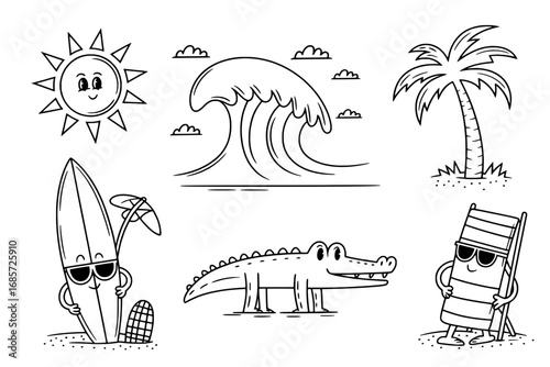 Six Summer-Themed Line Art Illustrations: Sun, Wave, Palm Tree, Surfboard, Alligator, and Beach Chair