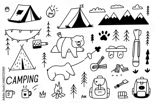 Hand-drawn Camping Icons: 25 Black and White Illustrations for Outdoor Adventures