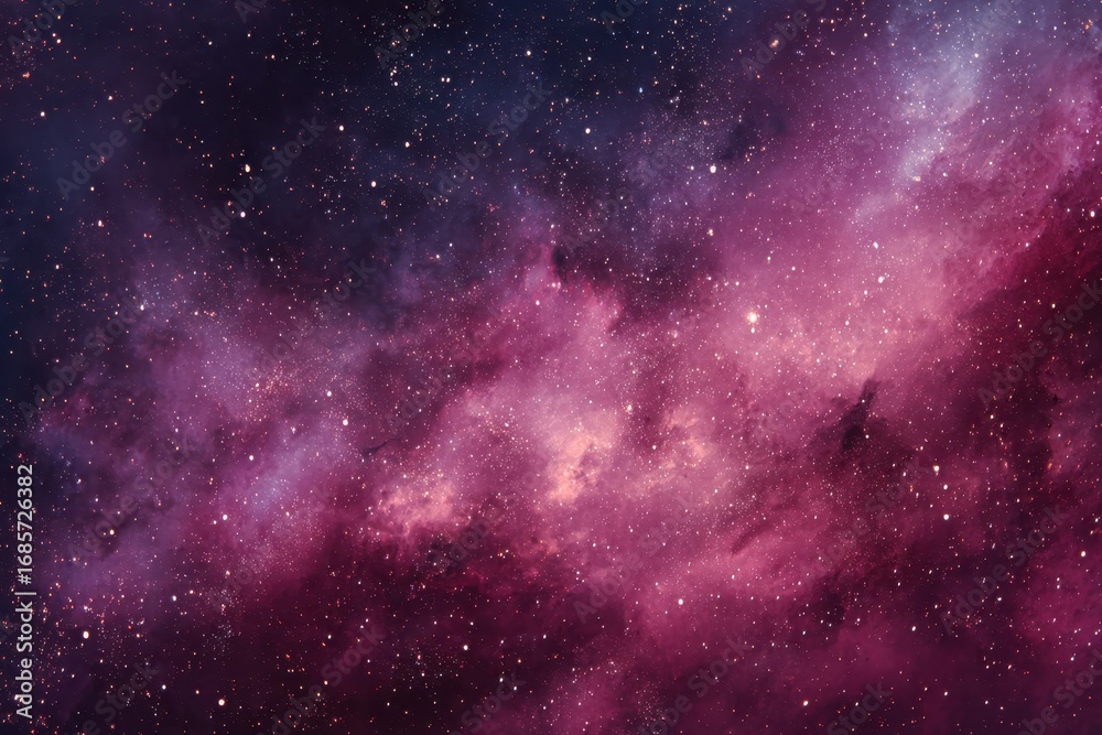 Fototapeta premium Dark pink and purple galaxy patterned background featuring swirling cosmic clouds and scattered stars creating an ethereal atmosphere above a dreamlike landscape