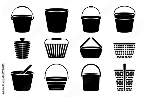 Twelve Black and White Icons: Buckets and Baskets - Simple, Solid, and Outlined Styles