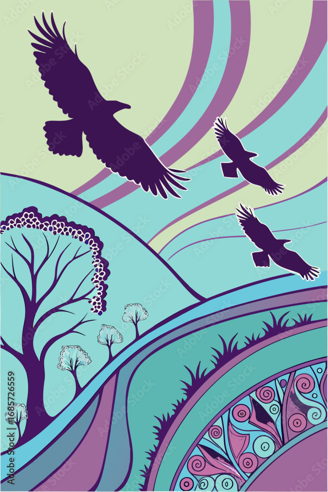 Obraz premium A digital drawing in a stylized, abstract art style featuring three silhouetted birds flying in a V-formation against a pastel background. The background consists of wavy lines in shades of blue, pink