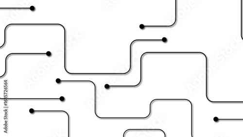Abstract minimalist technology background featuring interconnected black circuit-like lines. Circular node and digital network or electronic pathway. Monochrome palette emphasizes  connectivity