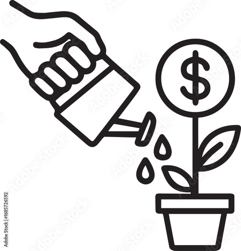 Hand watering money plant vector line icon