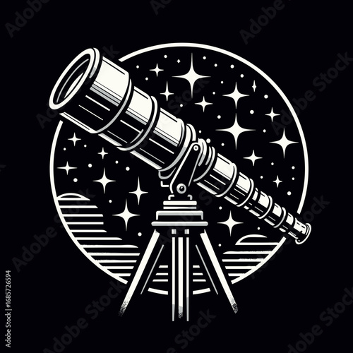 Stylish telescope vector illustration with a starry night background in circular style