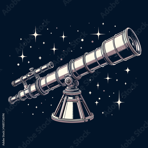 Detailed telescope vector illustration with sparkling stars and cosmic background