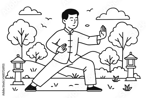 Man practicing tai chi martial arts outdoors in a park setting