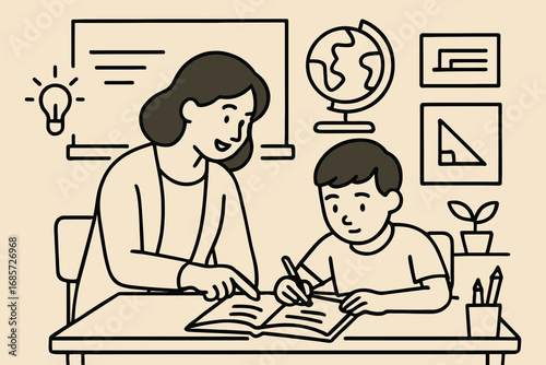 Teacher helping young student with homework at a desk in a classroom