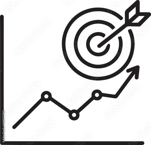  Line chart with target arrow hitting bullseye line vector icon