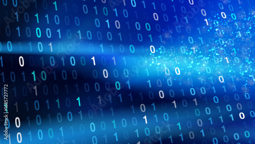 Visual display of flowing binary code in shades of blue, depicting movements of digital information. The pattern suggests a sense of connectivity and technology.