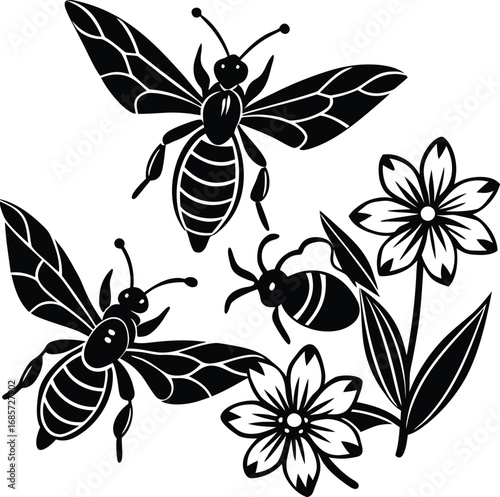 Black and White Graphic Illustration of Bees and Flowers for Design
