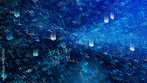 Vivid blue background showcases a swirling array of letters and shapes, creating an abstract representation of digital communication and technology in motion.