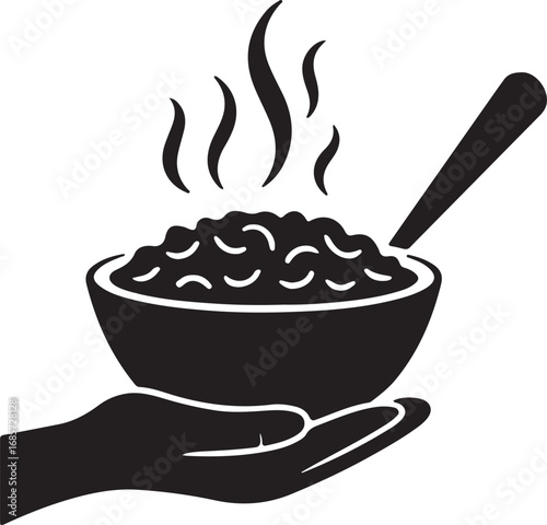Hand Holding a Bowl of Steaming Food  A simple, black and white graphic depicts a hand holding a bowl of steaming food.