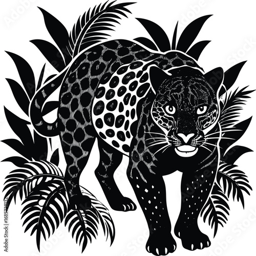 Black Panther Illustration in Jungle Foliage Vector Graphic Design Element