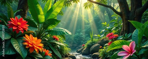 Lush green tropical foliage thrives in a vibrant, sun-drenched garden Large leaves, exotic flowers, and vibrant colors create a stunning display of tropical paradise , paradise, warmth, summer