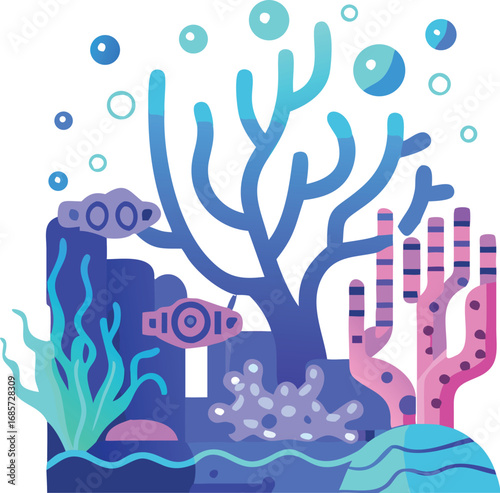 Underwater coral reef with fish and bubbles