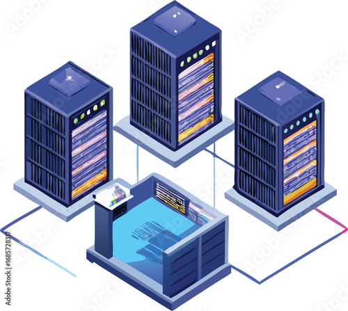 Isometric illustration of server room with data storage